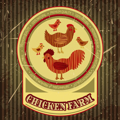 organic farm funny cartoon label with family chicken: cock, hen with chickens, hen house. Hand drawn retro vector illustration poster © kateja