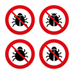 Bugs signs. Virus software error icons.