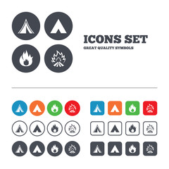 Tourist camping tent signs. Fire flame icons.