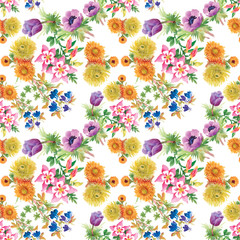 Seamless patterns with Beautiful flowers, watercolor illustration