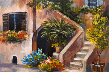 Obraz premium oil painting - summer terrace, colorful flowers in a garden, house in Greece