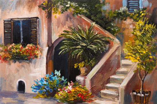 oil painting - summer terrace, colorful flowers in a garden, house in Greece