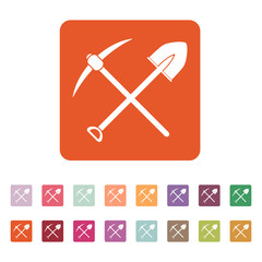 The crossing spade pickax icon. Pickax and excavation, digging, mining symbol. Flat