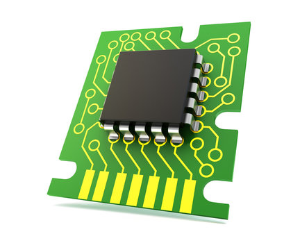 Circuit board with microchip, computer processor unit device icon isolated on white background