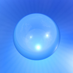 Transparent clear blue air bubble sphere on blue sky background