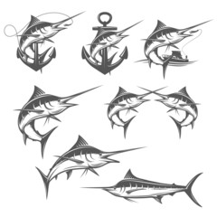 Set of marlin fishing emblems, badges and design elements