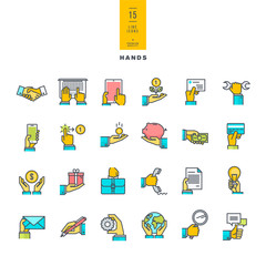 Set of line modern color icons of hand using a variety of products    