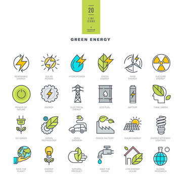 Set of line modern color icons for green energy    