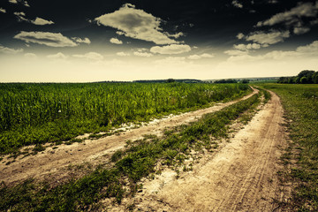 Fototapeta na wymiar Dramatic landscape with empty road through the meadow