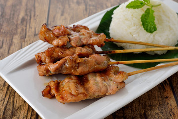 grilled spice pork skewer with sticky rice on plate