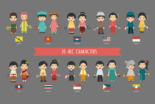 Set of 20 asian men and women in traditional costume with flag