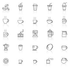 Coffee line icons with reflect on white