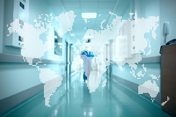 World map on the background of the hospital corridor. Concept of
