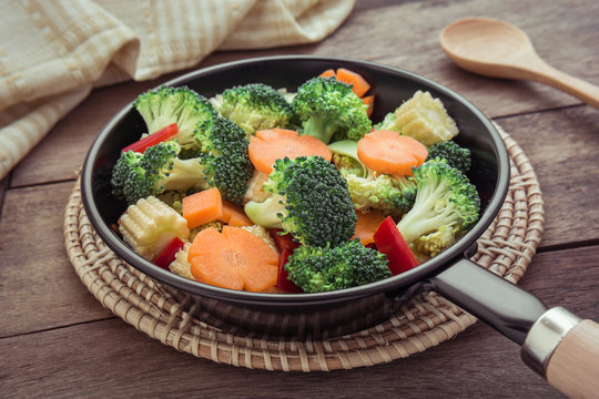 Mixed fresh vegetables in pan, filtered image