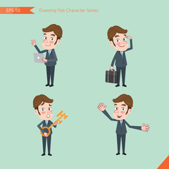 Fototapeta na wymiar Set of drawing flat character style, business concept young office worker activities - introducing, greeting, masterkey, global business