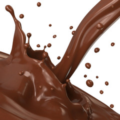 Hot chocolate splash with pouring, isolated on white background.
