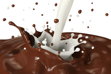 Chocolate with milk splash, isolated on white background.