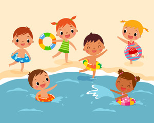 illustration of children with swim ring playing at the beach in summer time