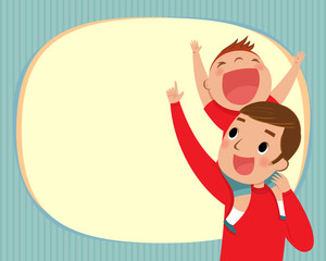 illustration of the boy riding piggy back on his dad's shoulders with copy space
