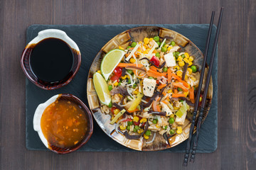 fried rice with tofu and vegetables, top view