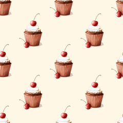 Watercolor seamless pattern with cakes, muffins with berries. Template for your design napkins, menus, packaging and other. Vector illustration.
