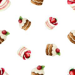 Fototapety  Watercolor seamless pattern with cakes, muffins with berries. Template for your design napkins, menus, packaging and other. Vector illustration.