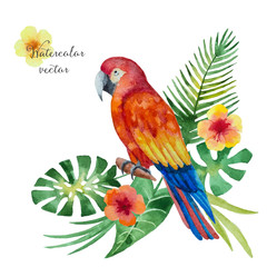 Watercolor parrot, flowers and leaves