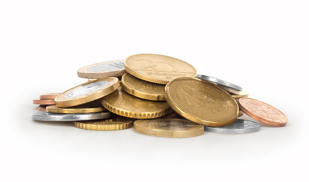 High Angle View of Pile of Euro Coins on White Background