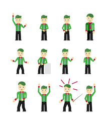 Set of cute young businessmen character poses isolated on white