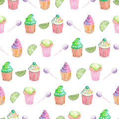 Seamless pattern with muffins, lime and candy painted in watercolor, on a white background