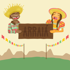 Couple Holding Sign - Brazilian June Party Theme Design Elements - EPS 10