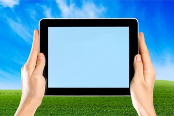 Tablet, hand, phone.