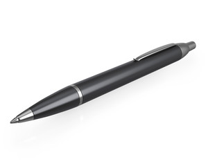 Metallic black pen with reflection isolated on white background.
