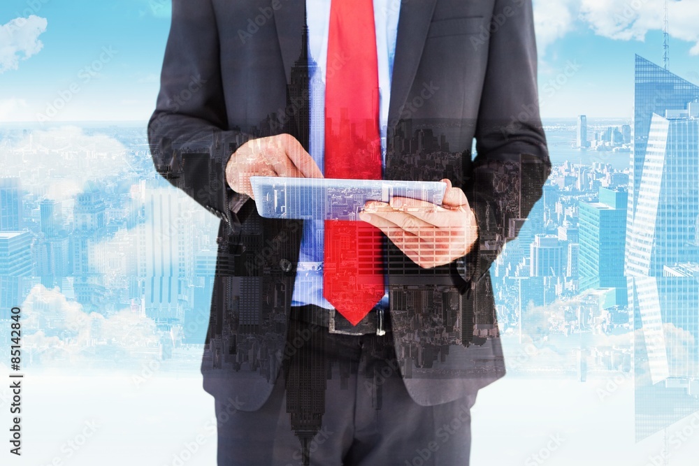 Poster composite image of businessman scrolling on his digital tablet