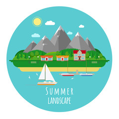 Flat summer landscape illustration with mountains and sea