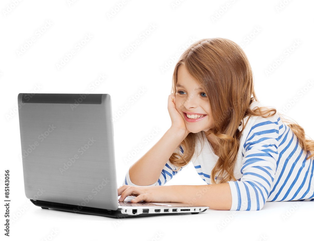 Sticker smiling student girl with laptop computer lying