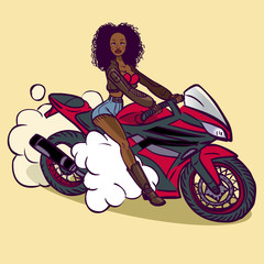 Funny vector cartoon african biker girl in pin-up style isolated