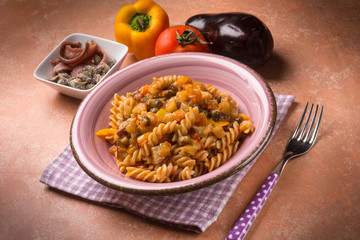 pasta with eggplant capers anchovies and capsicum