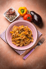 pasta with eggplant capers anchovies and capsicum