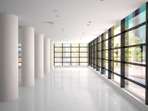 3d illustration of empty and svtly corridor in modern office bui