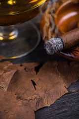 cuban cigar in ashtray,glass of rum and tobacco leaves