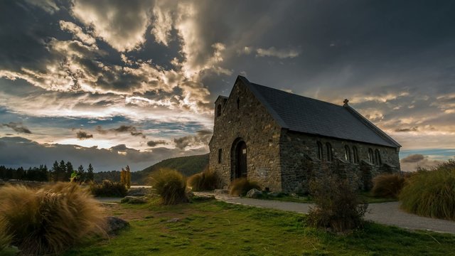 Sunset Time Lapse at Church of Good Shepherd, Lake Tekapo, New Zealand
