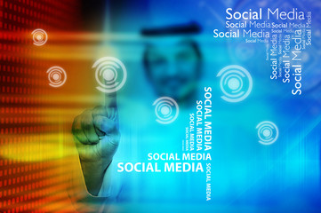 social media background with typography and person touch screen, blue and brown