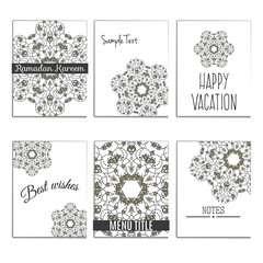6 universal templates for menu cover, wedding card, book cover with moroccan islamic ornament. Arabesque vintage motif. flat