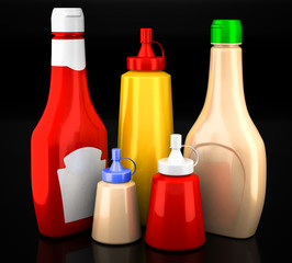 Bottles of ketchup, mustard and mayonnaise