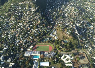 Aerial view of Makiki Heights, Manoa and Punahou School in Honolulu
