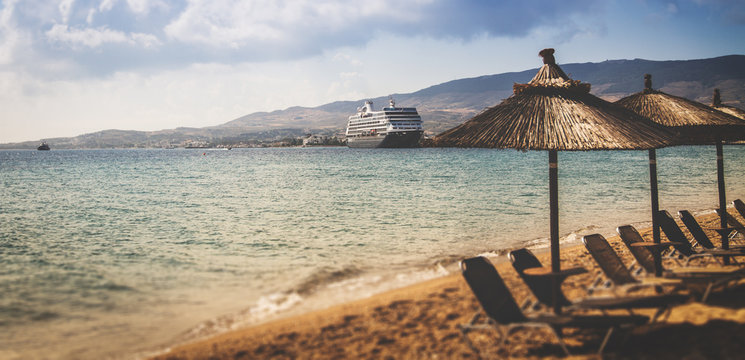 Sun loungers and umbrellas on the beach, Kos, Greece