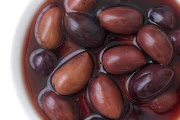 Bowl of Kalamata Greek olives. Detail from above.