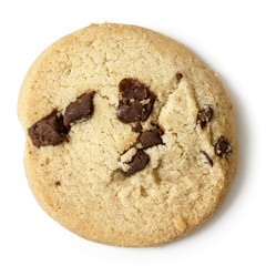 Single round chocolate chip shortbread biscuit. From above.