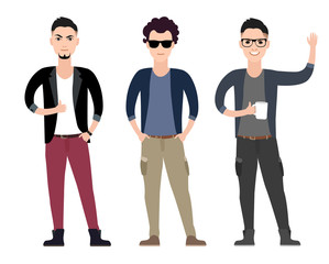 Fototapeta premium Casual young men character flat set in different poses vector 